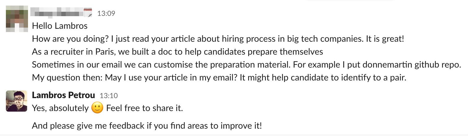 HR recruiter asking permission for sharing my tech interview article with their candidates